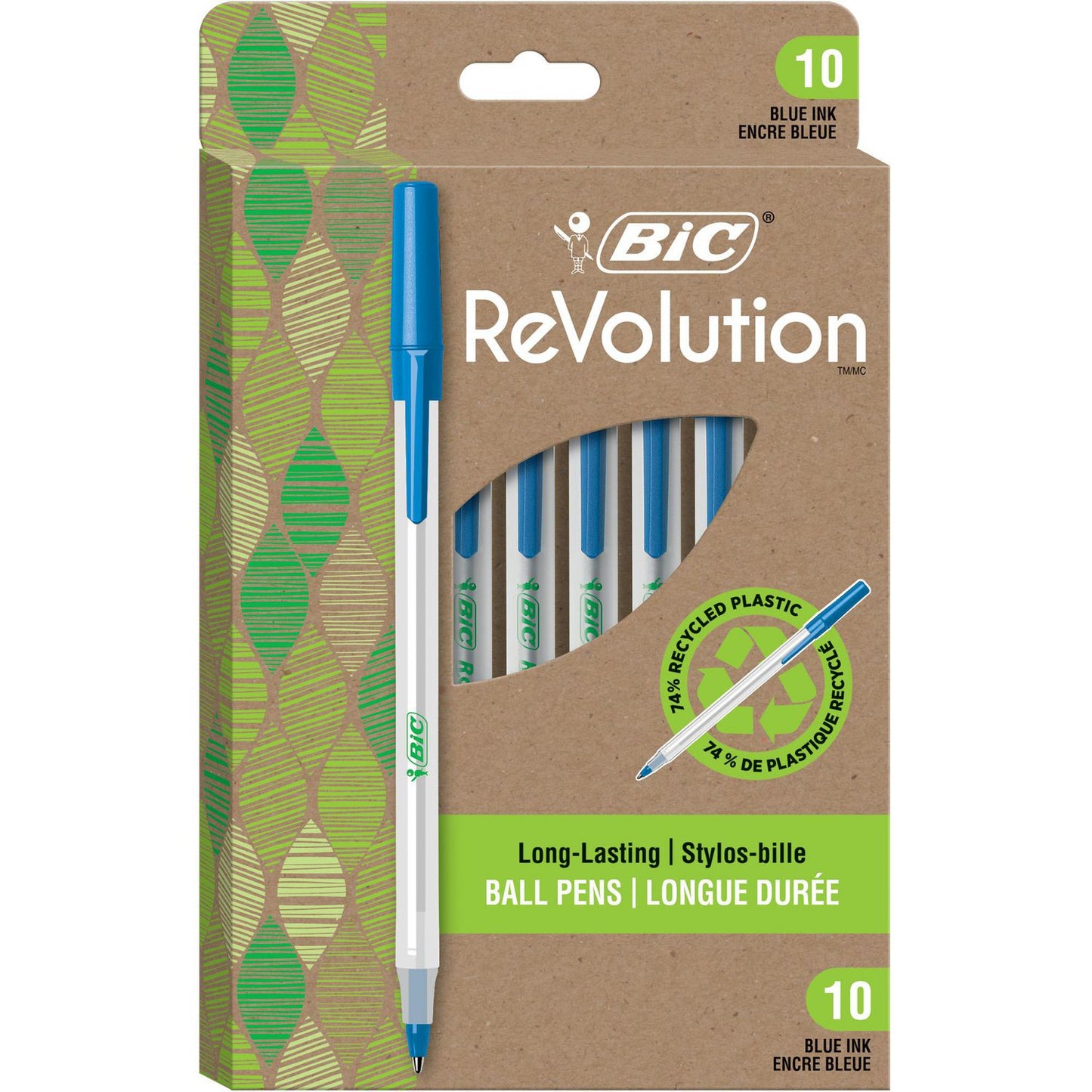 BIC ReVolution Round Stic Ball Pen, Medium Point (1.0 mm), 74% Recycled, 100% Recycled Packaging, Blue, 10-Count