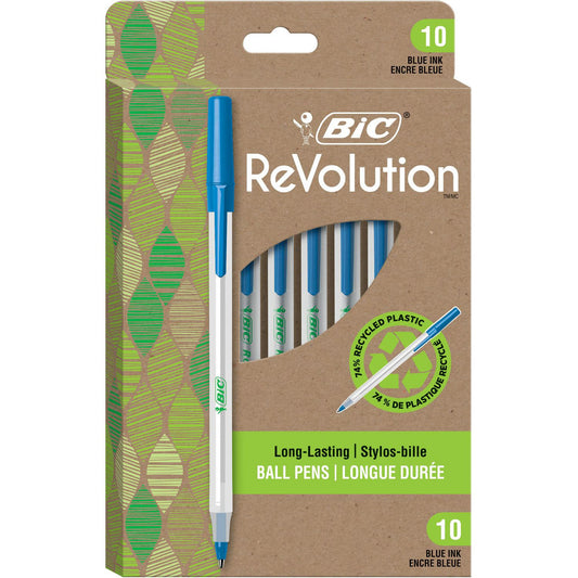 BIC ReVolution Round Stic Ball Pen, Medium Point (1.0 mm), 74% Recycled, 100% Recycled Packaging, Blue, 10-Count