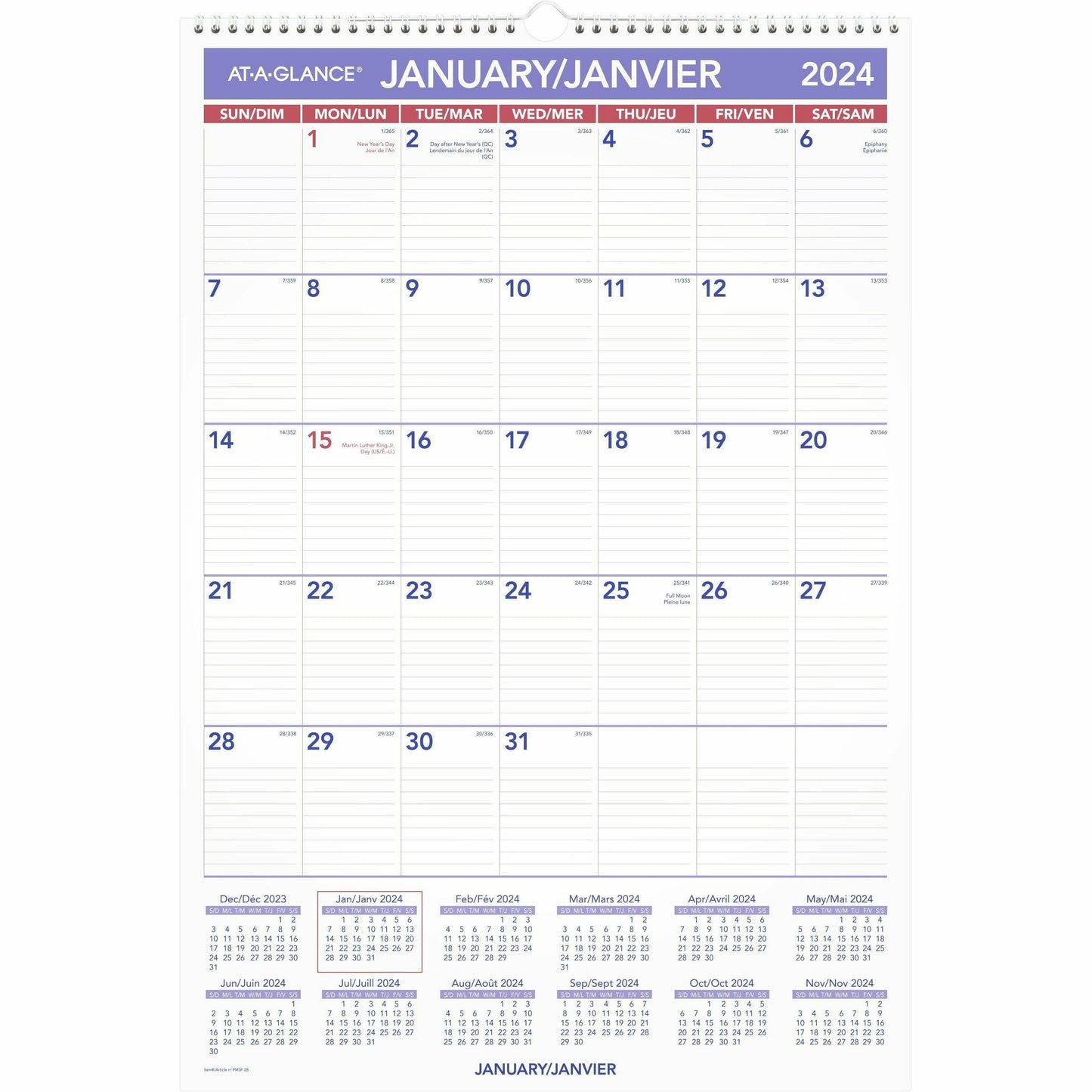 At-a-Glance Monthly Wall Calendar - Monthly - December 2023 - December 2024 - 1 Month Single Page Layout - 15 1/2" x 22 3/4" Sheet Size - Twin Wire - Ruled Daily Block, Six Month Reference, Eyelet, Bilingual, Hanging Hole, Yearly Calendar - 1 Each