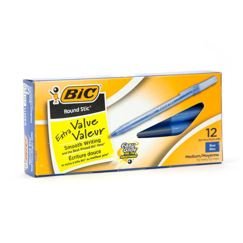 BIC Round Stic Extra Value Ballpoint Stick Pens - 1.0mm - Blue - 12 Pack