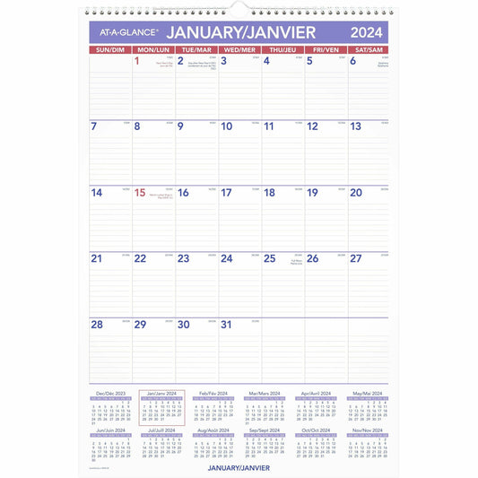 At-a-Glance Monthly Wall Calendar - Monthly - December 2023 - December 2024 - 1 Month Single Page Layout - 15 1/2" x 22 3/4" Sheet Size - Twin Wire - Ruled Daily Block, Six Month Reference, Eyelet, Bilingual, Hanging Hole, Yearly Calendar - 1 Each