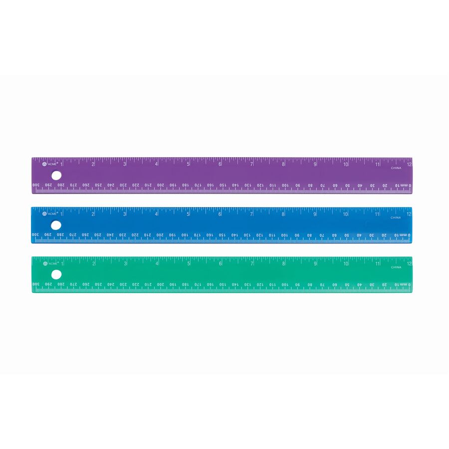 Westcott 300mm/12" Jewel Coloured Plastic Ruler - 1/16, 1/300 Graduations - Imperial, Metric Measuring System - Plastic - Translucent, Assorted