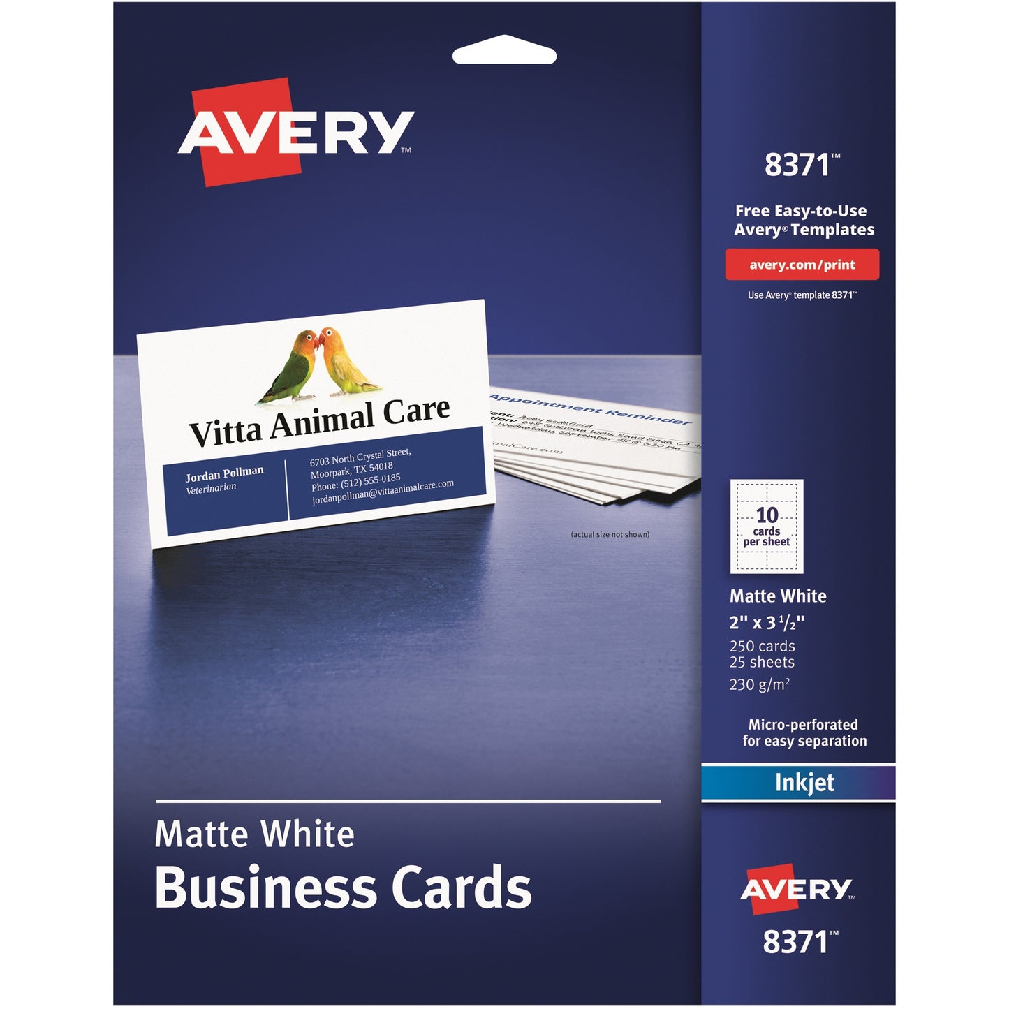 Avery Sure Feed Business Cards - 97 Brightness - A8 - 2" x 3 1/2" - Matte - 250 / Pack - Perforated, Heavyweight, Smooth Edge