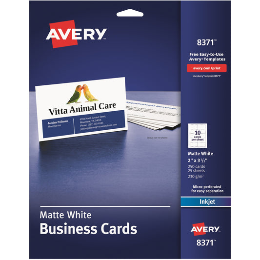 Avery Sure Feed Business Cards - 97 Brightness - A8 - 2" x 3 1/2" - Matte - 250 / Pack - Perforated, Heavyweight, Smooth Edge